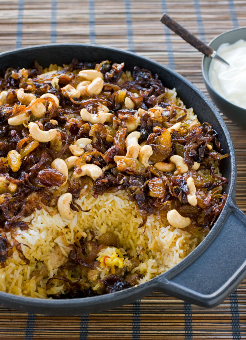 Chicken Biryani, Crispy Onions and Cashew Nuts