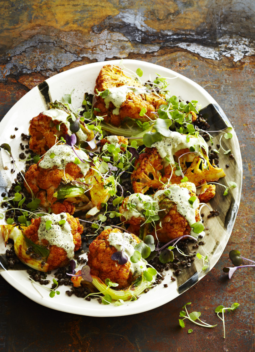 Spice Roasted Cauliflower, Puy Lentils and Tahini Basil Dressing