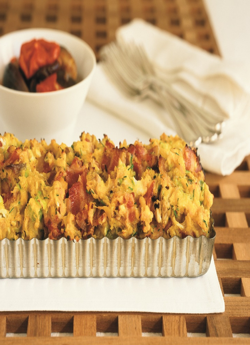Artichoke, Bacon and Kumara Galette with Roasted Onion and Tomato Relish
