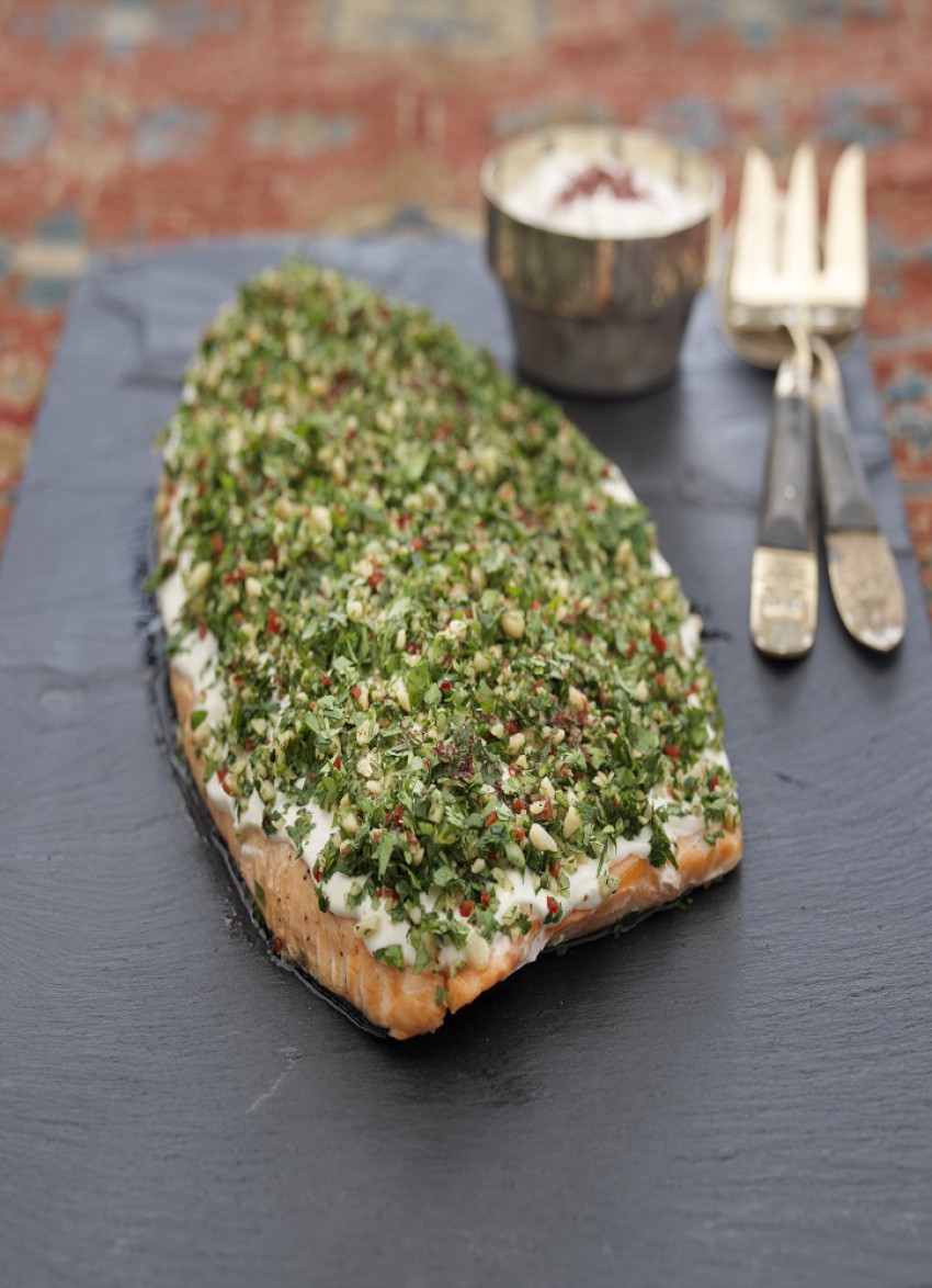 Baked Salmon with Pinenut and Herb Salad