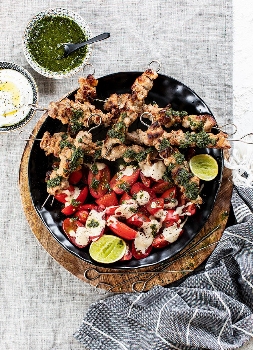Cumin Pork Skewers with Mint Relish