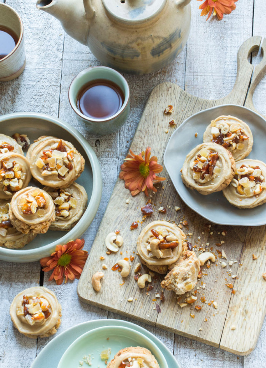 Ginger, Cashew, and Cornflake Cookies with Salted Caramel Praline