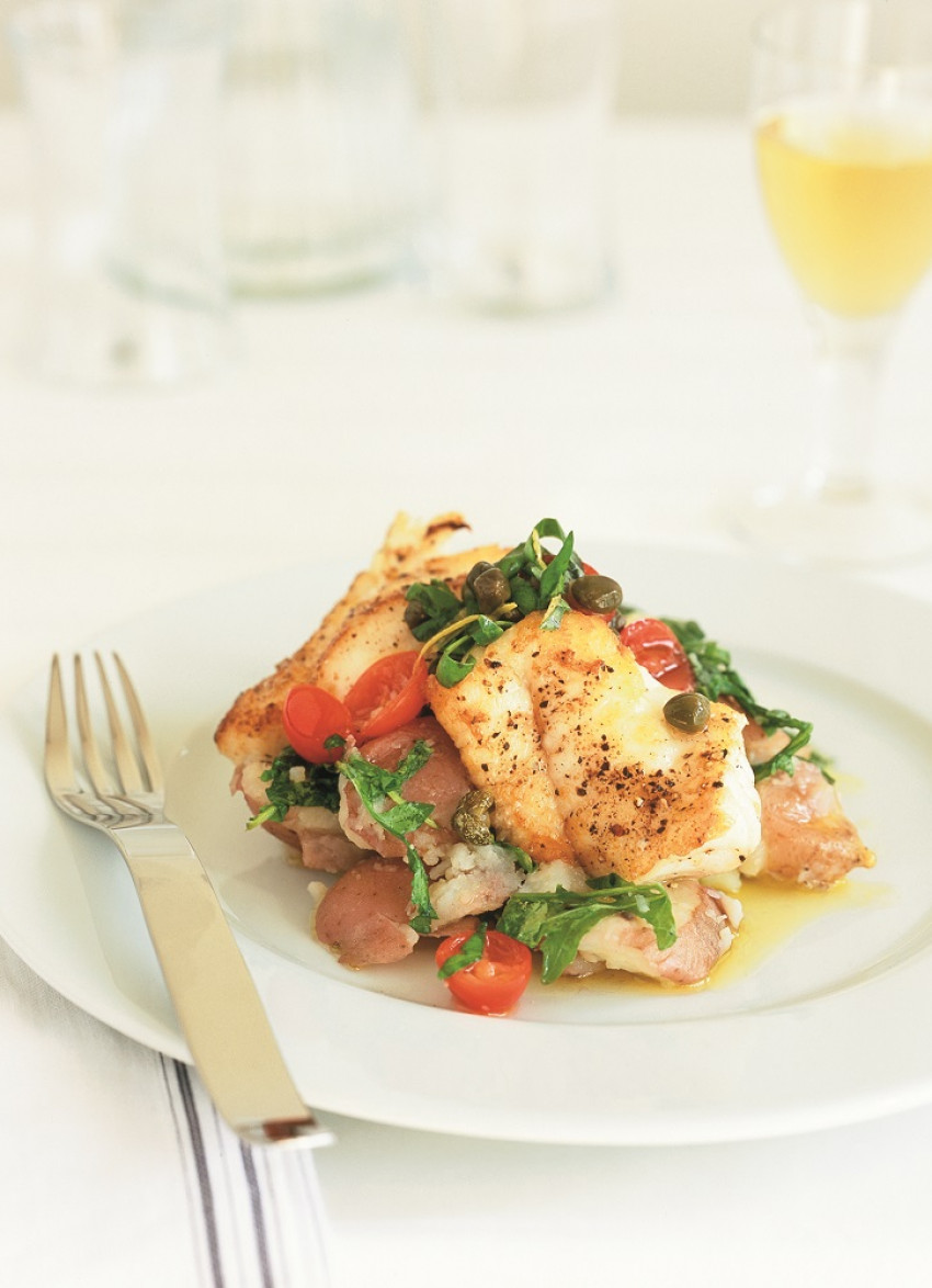 Panfried Fish and Crushed Potatoes with a Warm Lemon and Herb Dressing