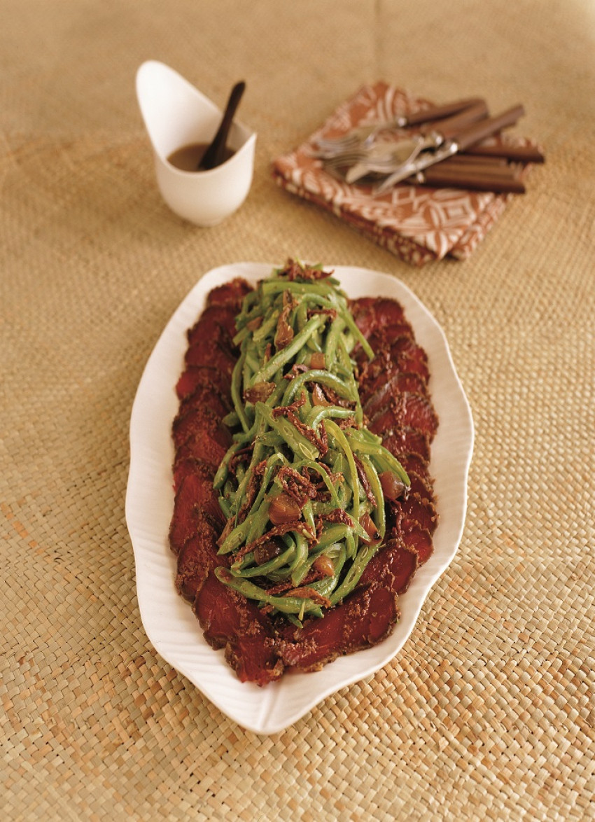 Peppercorn Cured Beef, Pesto Beans and Black Olive Oil