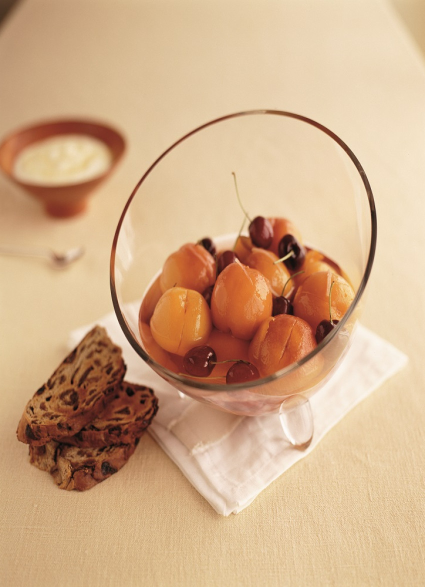 Poached Fruit with Thick Yoghurt, Honey and Toasted Fruit Bread