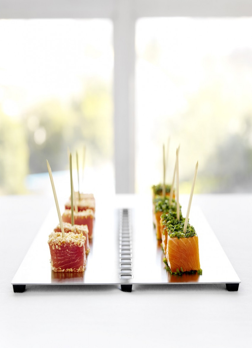 Salmon Skewers with Fine Herbs and Tuna Skewers with Sesame Peanut Dukka