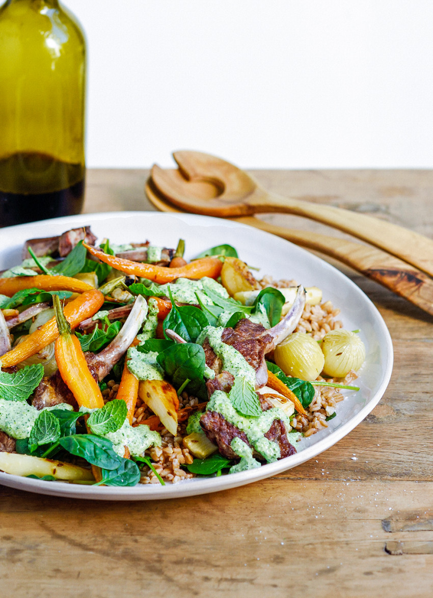 Seared Lamb Cutlets on Farro with Mint, Spinach and Baby Roast Vegetables