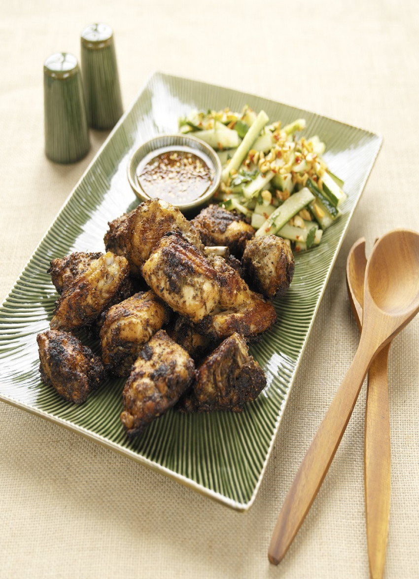Thai Peppercorn Chicken with Hot and Sweet Dipping Sauce, and Cucumber and Peanut Salad